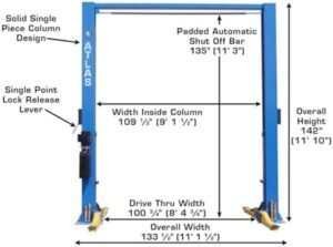 ATLAS Automotive Equipment 9OHSC-SS 2-Post Vehicle Overhead Lift, 11’9” Minimum Ceiling Height, 9,000lb Capacity, Clear Floor, 11’10” Height, 3-Stage Front and 2-Stage Rear Arms, for DIY/Hobbyists - Image 3